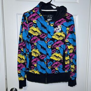 One Industries Hoodie Women's Large Multicolor Lips Print Full Zip Graphic